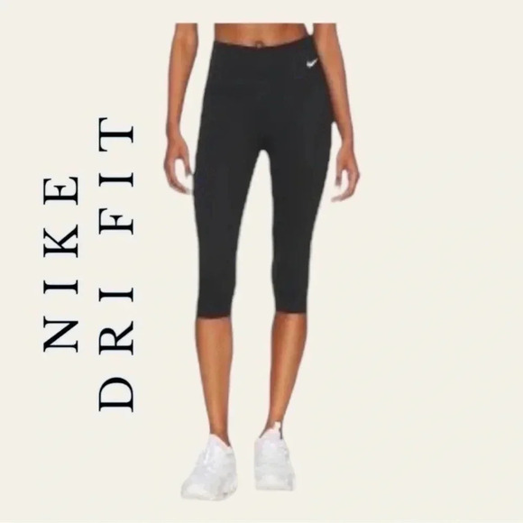 Nike DRI FIT CROPPED LEGGINGS LOGO SIZE SMALL BLACK IN COLOR - Picture 1 of 9